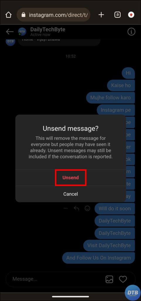 Unsend Message from the Instagram Website