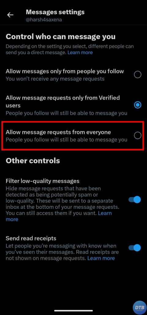 Allow Direct Messages From Everyone on Twitter On Mobile