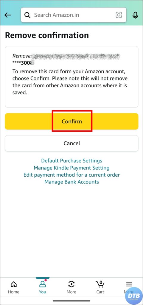 Delete A Credit or Debit Card on Amazon Mobile App