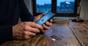 Hands holding a smartphone with a padlock on screen next to a SIM tray and nano SIM card