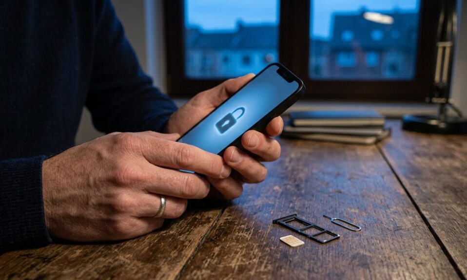 Hands holding a smartphone with a padlock on screen next to a SIM tray and nano SIM card