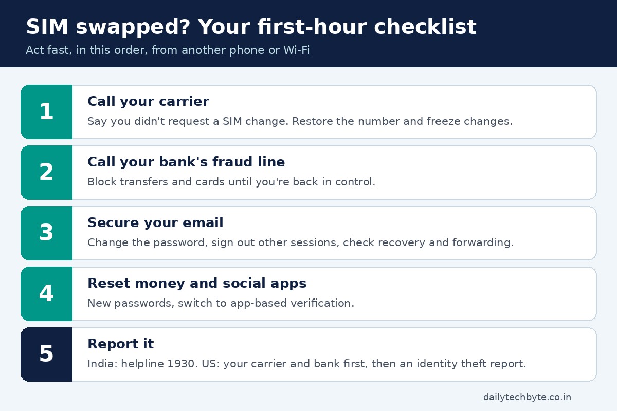 Checklist infographic: five things to do in the first hour after a SIM swap